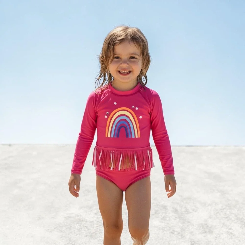 Andy & Evan Girls Pink Rainbow Fringe Long Sleeve Rash Guard Swimsuit UPF 50+ 6X